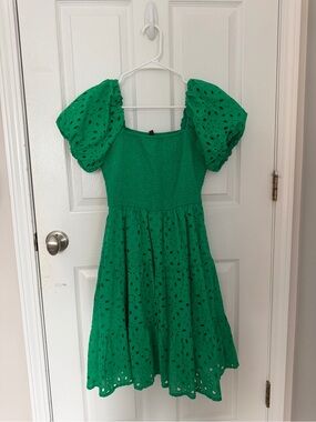 Green Eyelet Puff-Sleeve Sundress